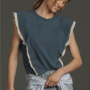 Anthropologie Ribbed Blue Green Popover Top with Ruffle Trim Size Small